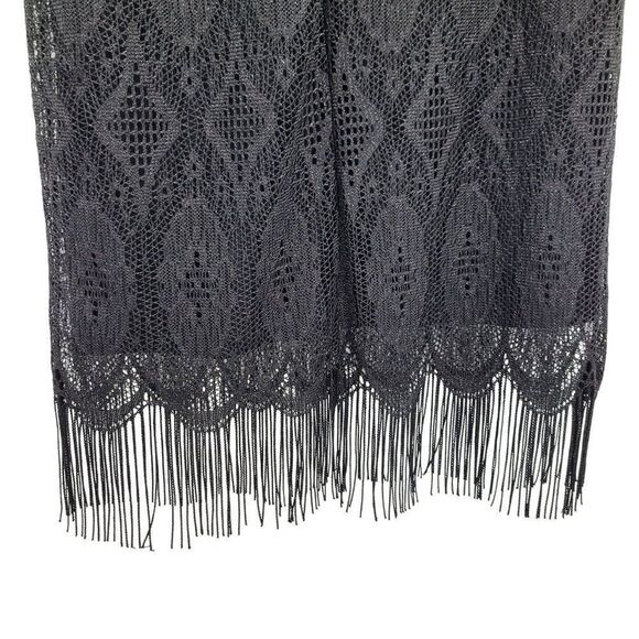 80s Necessary Objects Flapper Dress S Black Midi Lace Overlay Scallop Fringe Hem - Picture 4 of 10